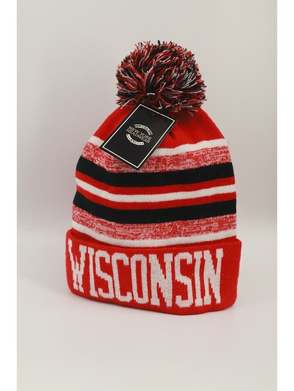 Wisconsin Badgers Beanie Hat Pom Pom Knit Striped New York Headwear Cuffed NWT